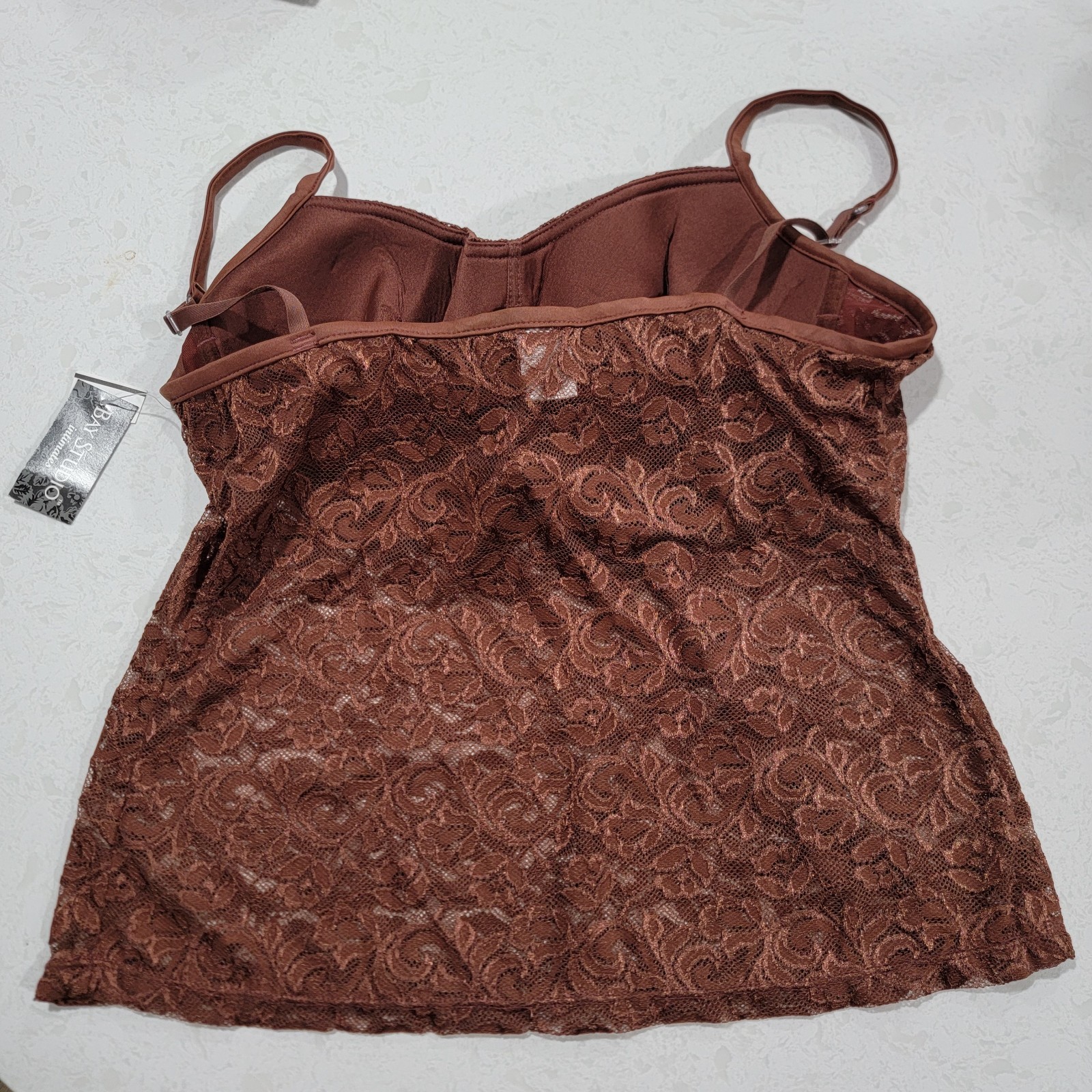 Bay Studio Intimates Cami Brown Lace Camisole Built In Bra Sz 38C NWT