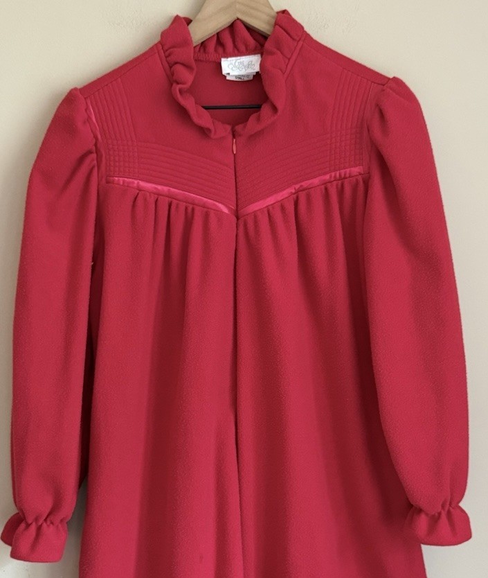 Velour Robe Vintage Zip House Coat Red Ruffle Long Womens Size Small 80s 90s