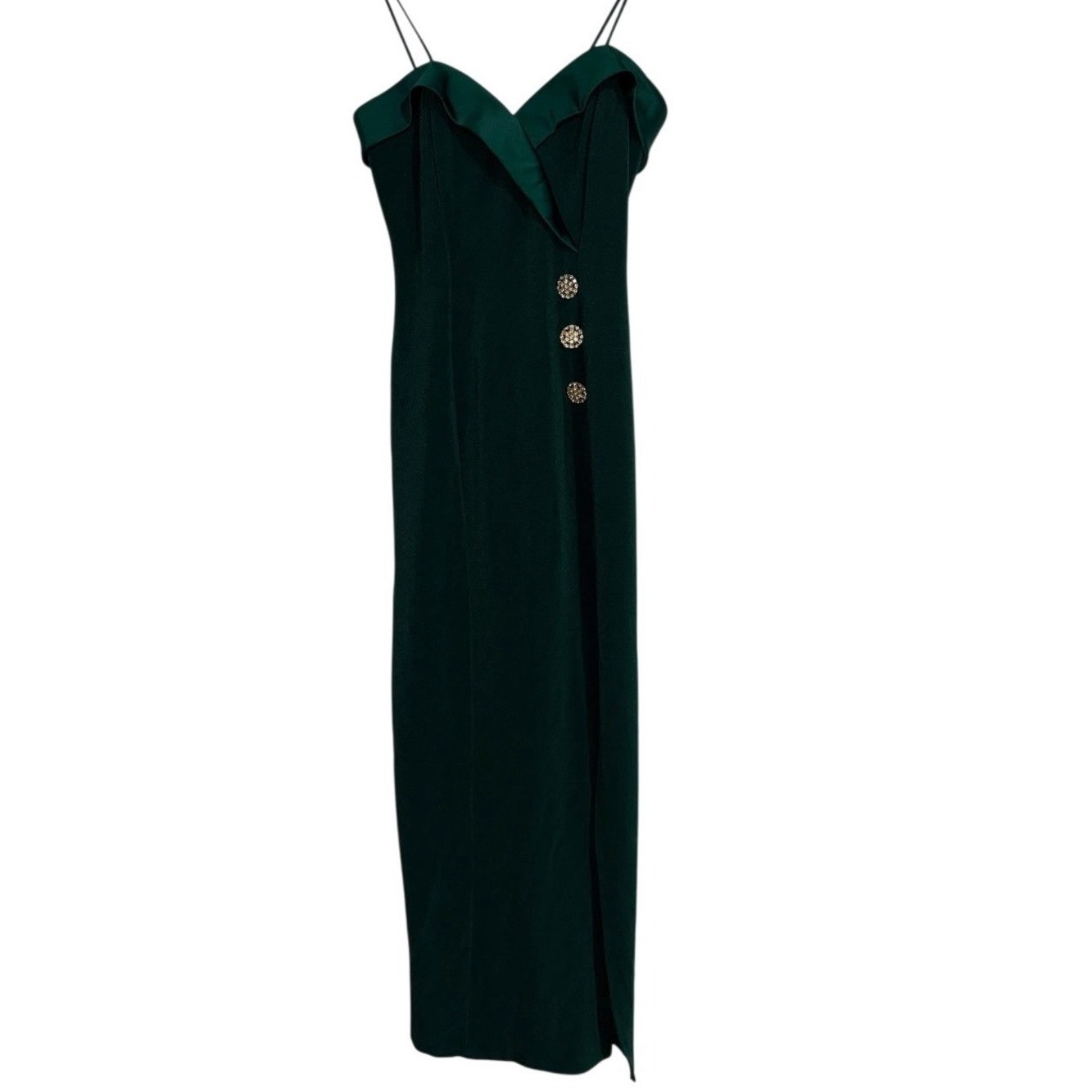Vintage 90s Betsy & Adam Green Satin Tuxedo Lapel Maxi Dress Slit Rhinestone