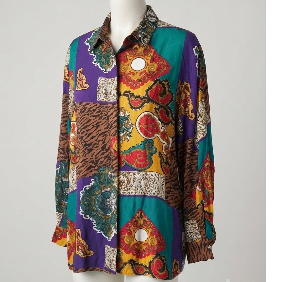 Vintage 80s 90s Kathryn Deene Baroque Animal Patchwork Blouse Plus Size 26/28