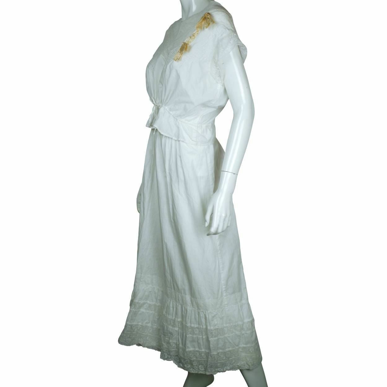Antique Edwardian White Cotton Petticoat & Chemise Set w Lace Trim Size M / L