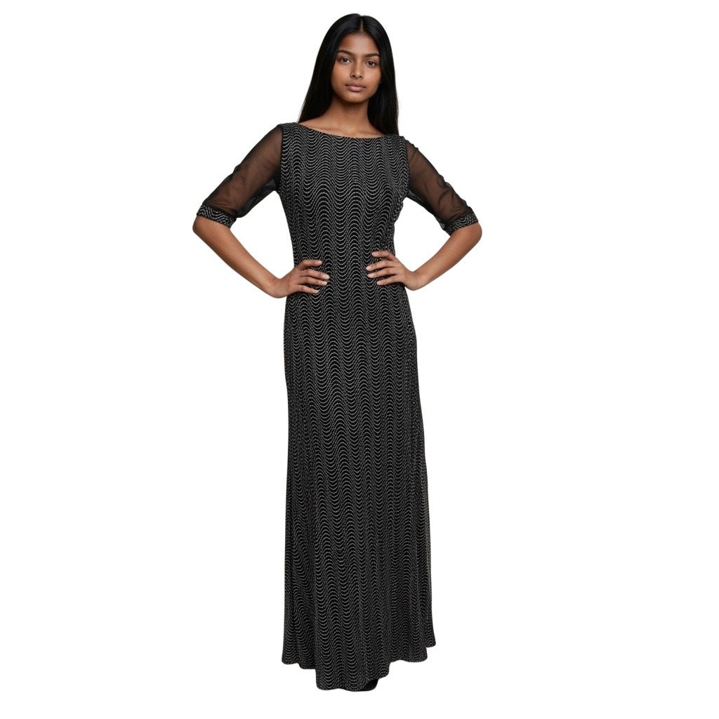 90s Black Sheer Sparkle Maxi Prom Dress Sheer Sleeves Open Back Small ^