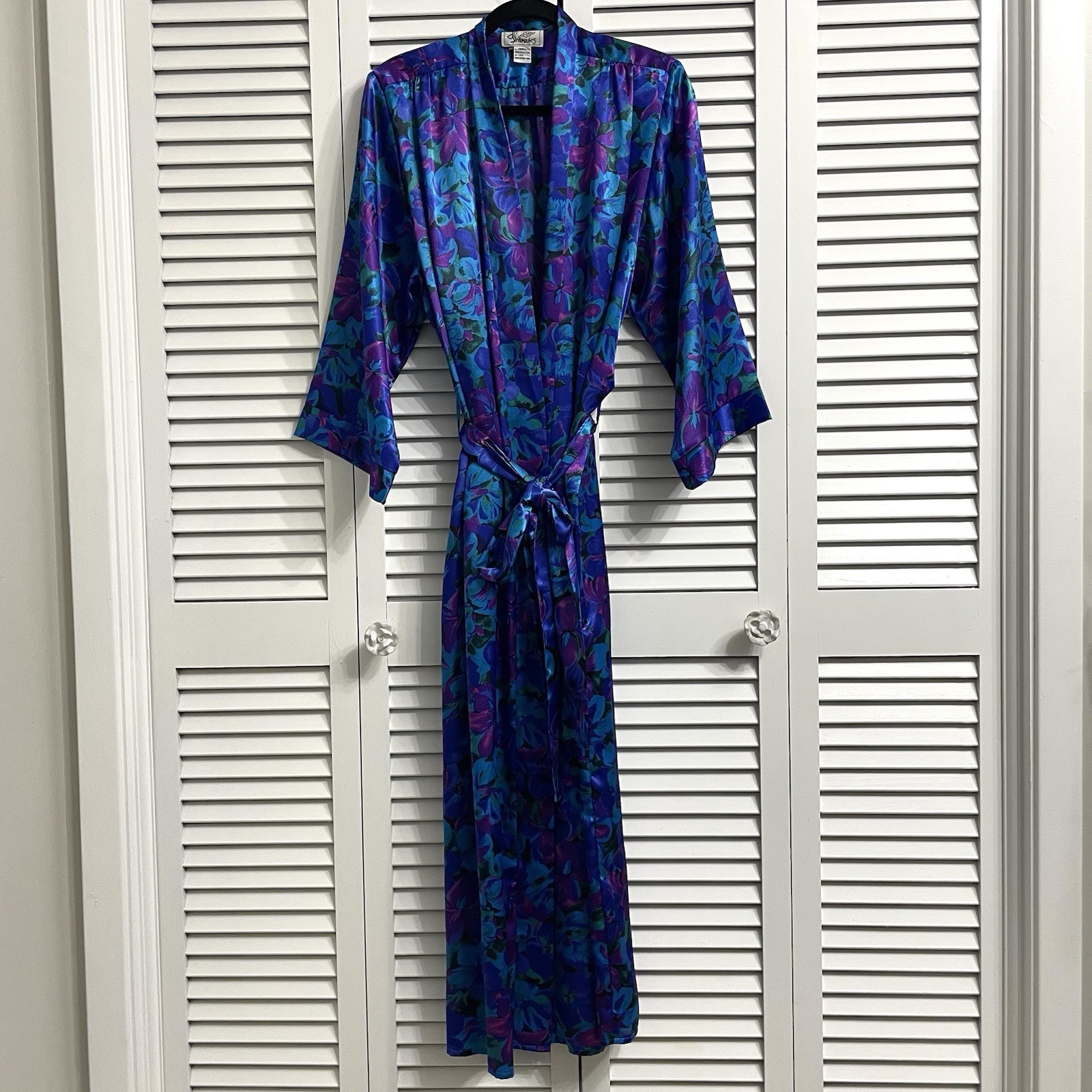 Vintage J.O. Intimates 80s Purple Blue Satin Long Floral Robe Sz S Hong Kong