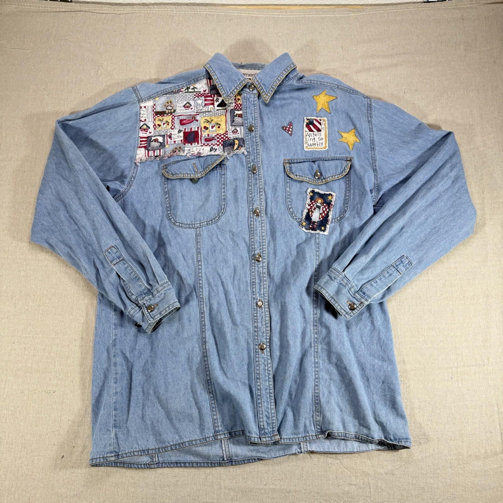 Vintage Clementine Women’s L Denim Button Front Shirt Patchwork Embroidered 90s