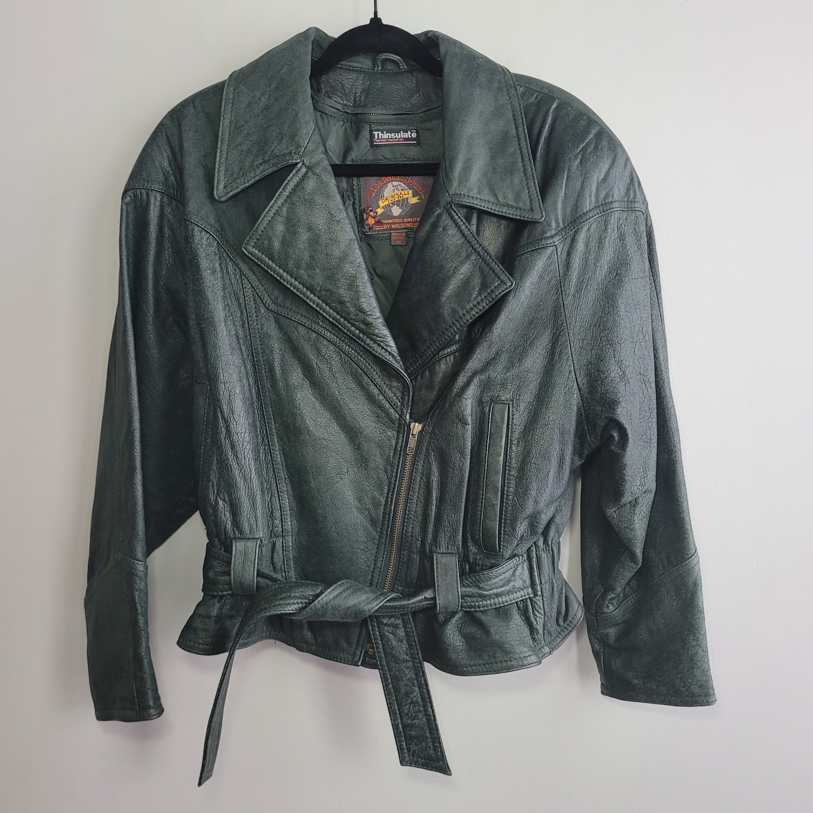 Vintage Adventure Bound Wilson’s dark green leather bomber jacket thinsulate