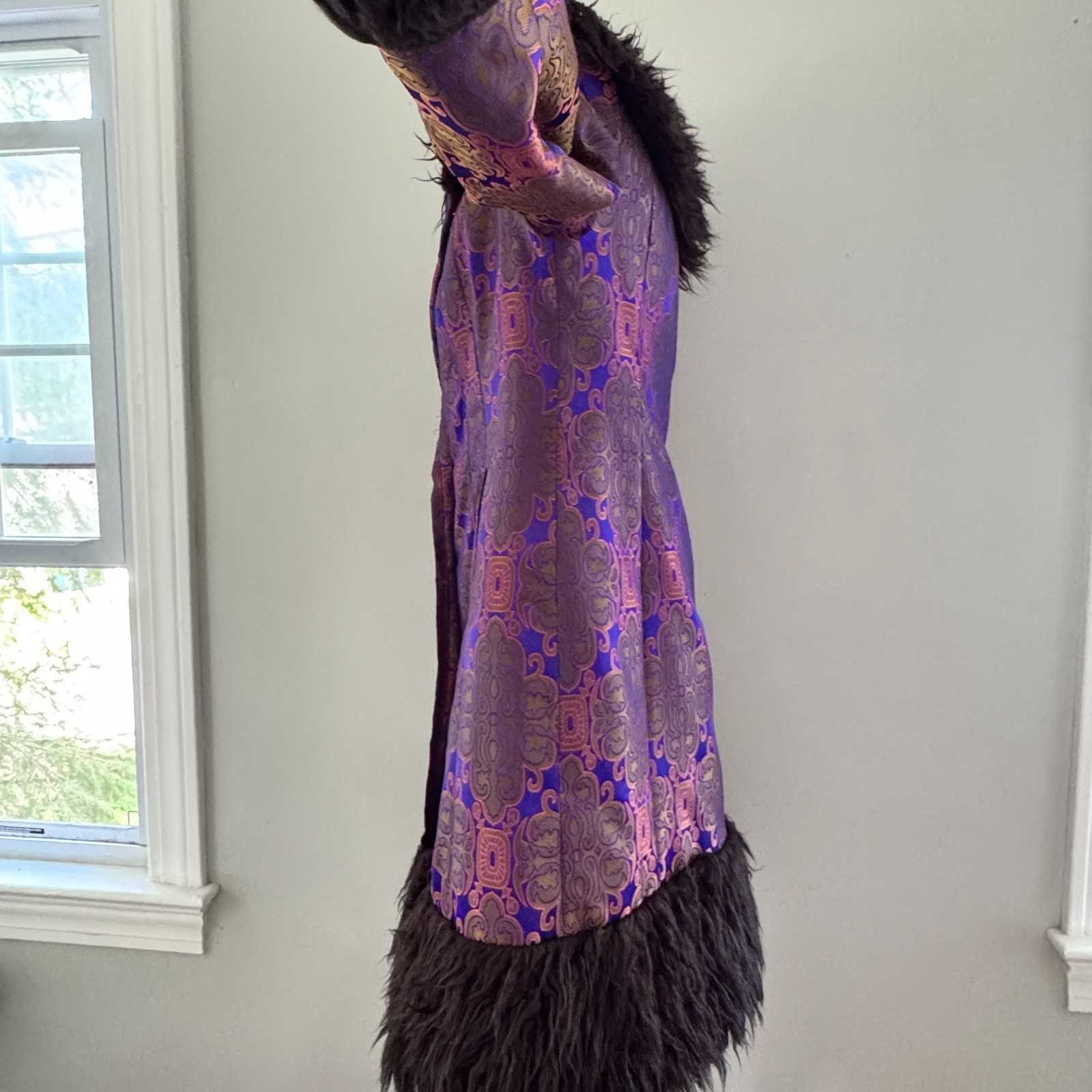 90s vtg VIVIENNE TAM Purple Gold IRIDESCENT Brocade Rave Penny Lane Fur Coat Y2K