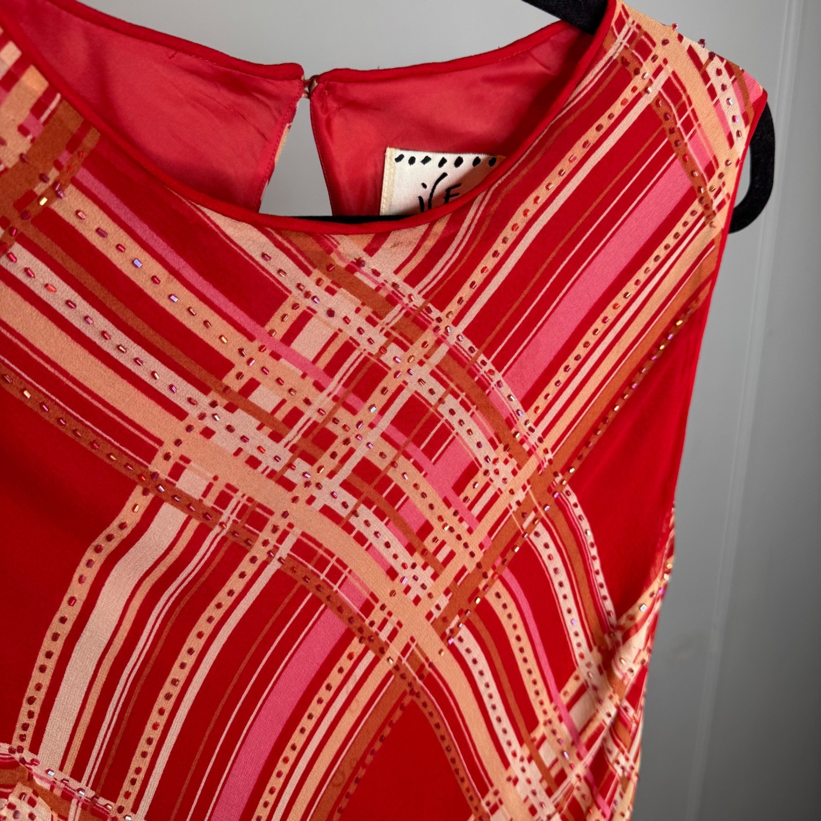 iCE Vintage 90s Y2K 100% Silk Beaded Plaid Slip Midi Dress Red Sleeveless