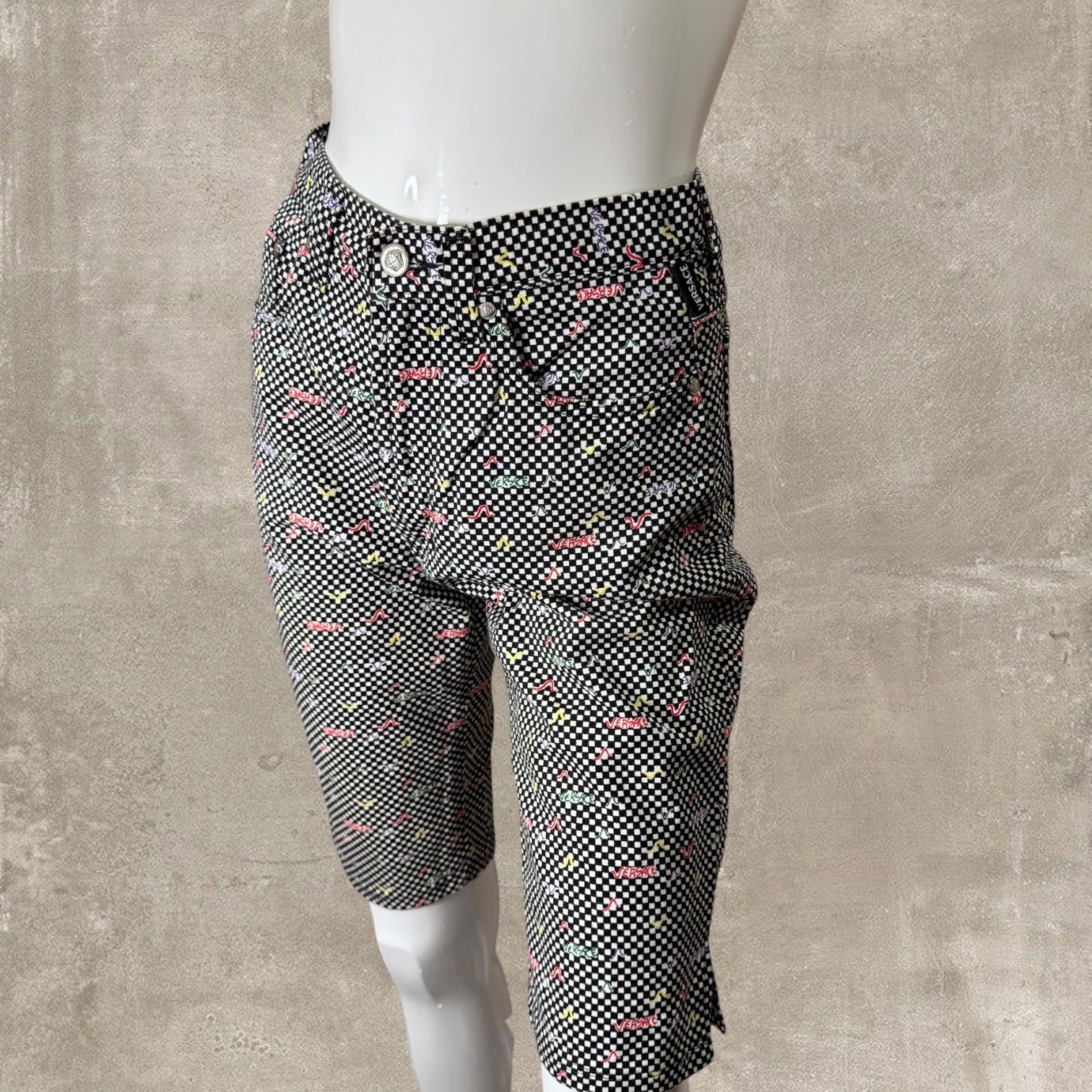 1990s Gianni Versace Era Jeans Checkerboard Bermuda Shorts Size 29 Fits 27
