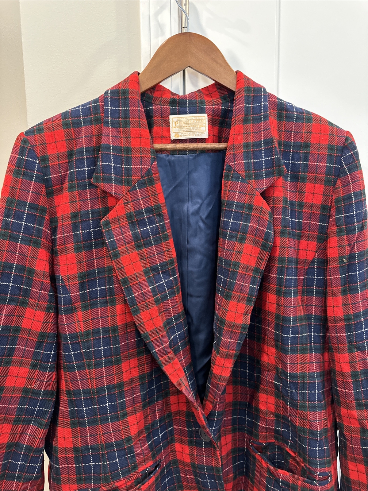 Vintage Pendleton Virgin Wool Plaid Blazer 23” Chest Shoulder Pads Red Pockets