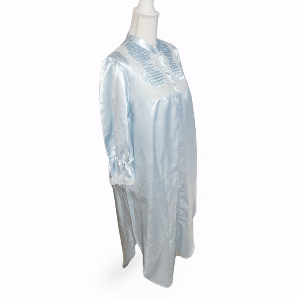 VTG Lewis Frimel Satin Lace Nightgown Baby Blue Button Front Boudoir Peignoir