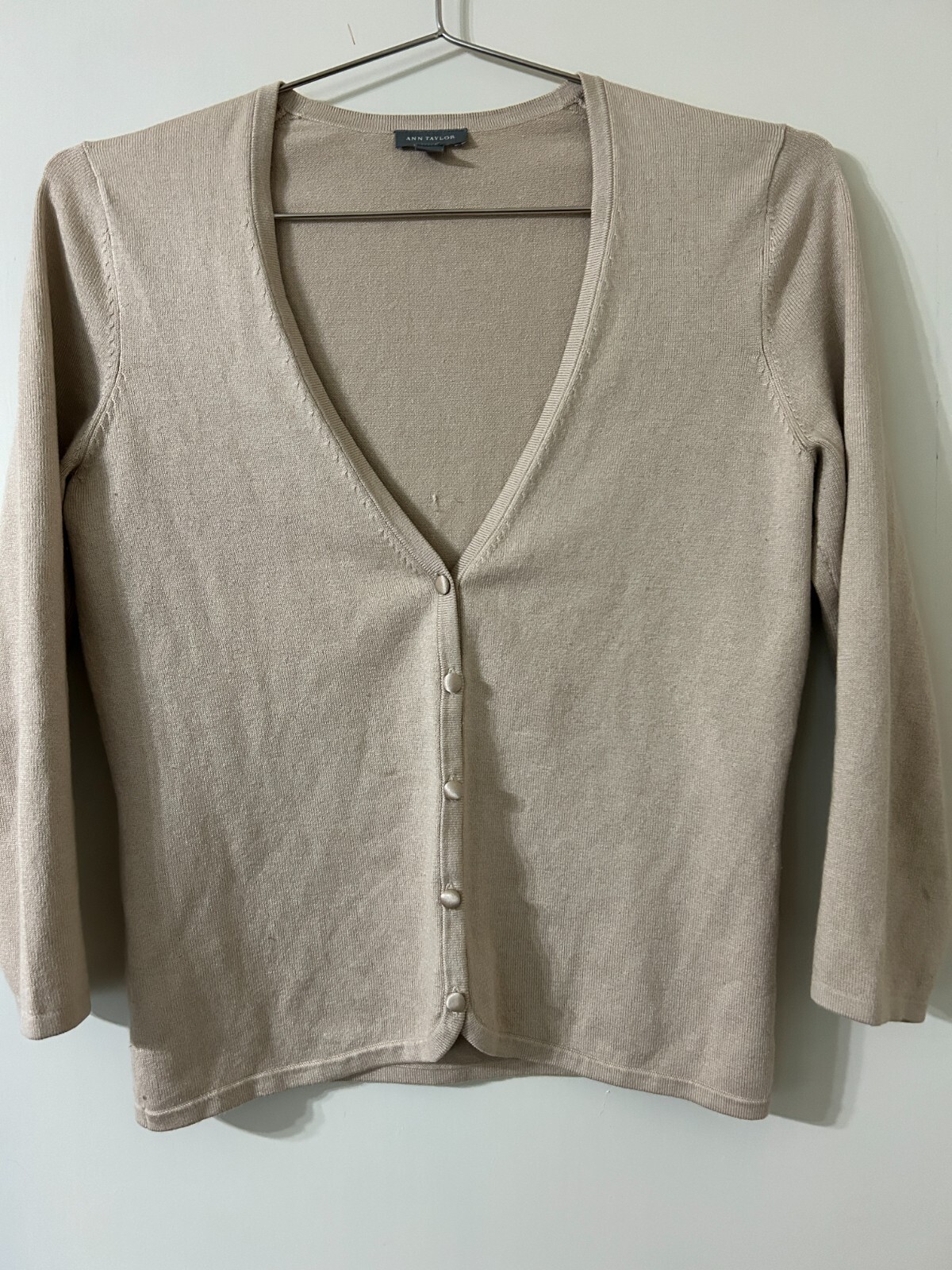Vintage Ann Taylor Silk Blend V-Neck Button-up 3/4-Sleeve Cardigan, Tan XS