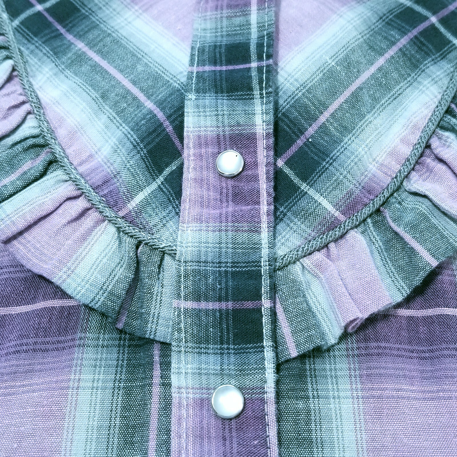 Vtg Rockmount Ranch Wear Purple Gray Plaid Pearl Snap Sz 32 Fitted w/Tie Western