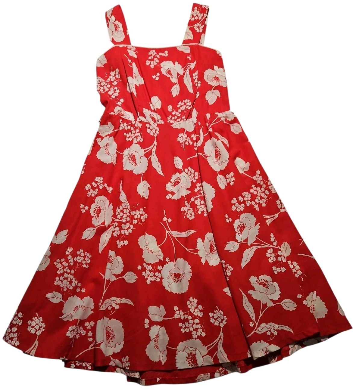 VTG 70s Sears Red Floral Sun Dress Mod A Line Square Neck Midi Sz 10 Union Made