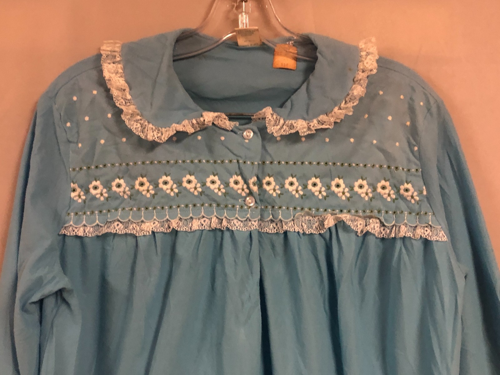Vintage 70s Blue Pajama Set M Acetate Nylon Lace Smocked Floral NOS USA