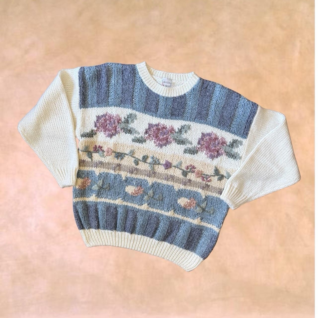 Hasting & Smith Floral Knit Sweater Blue Ivory Purple Green Women’s L