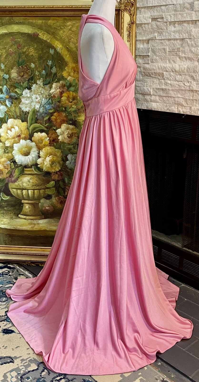 VTG 1970s PINK Ball Gown Liquid Silk Party Halter Gala Formal Size Small
