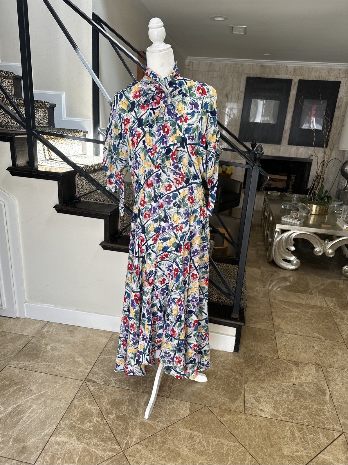 Norma Kamali 80s Floral Print Rayon High Low Long Dress Pussy Bow Keyhole Neck S