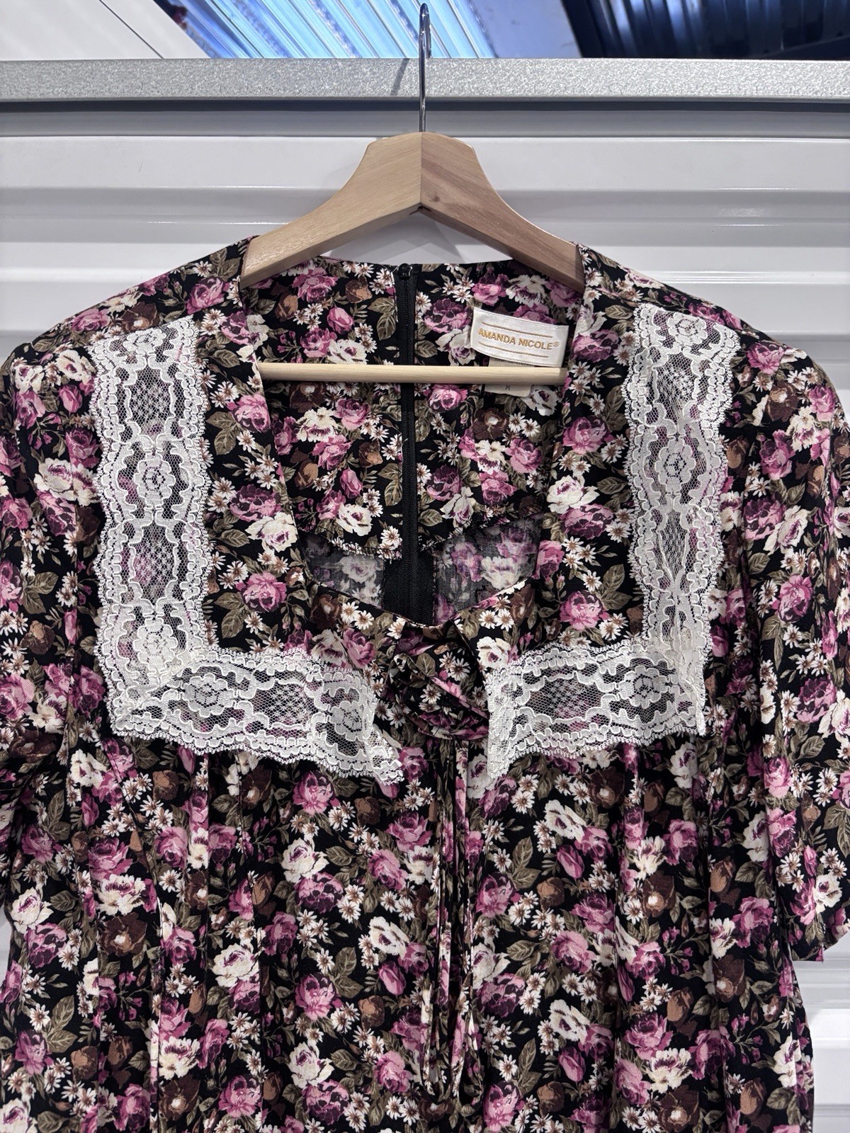 VTG 90s Amanda Nicole Floral Prairie Dress Lace Collar Size M Cottage Core Midi