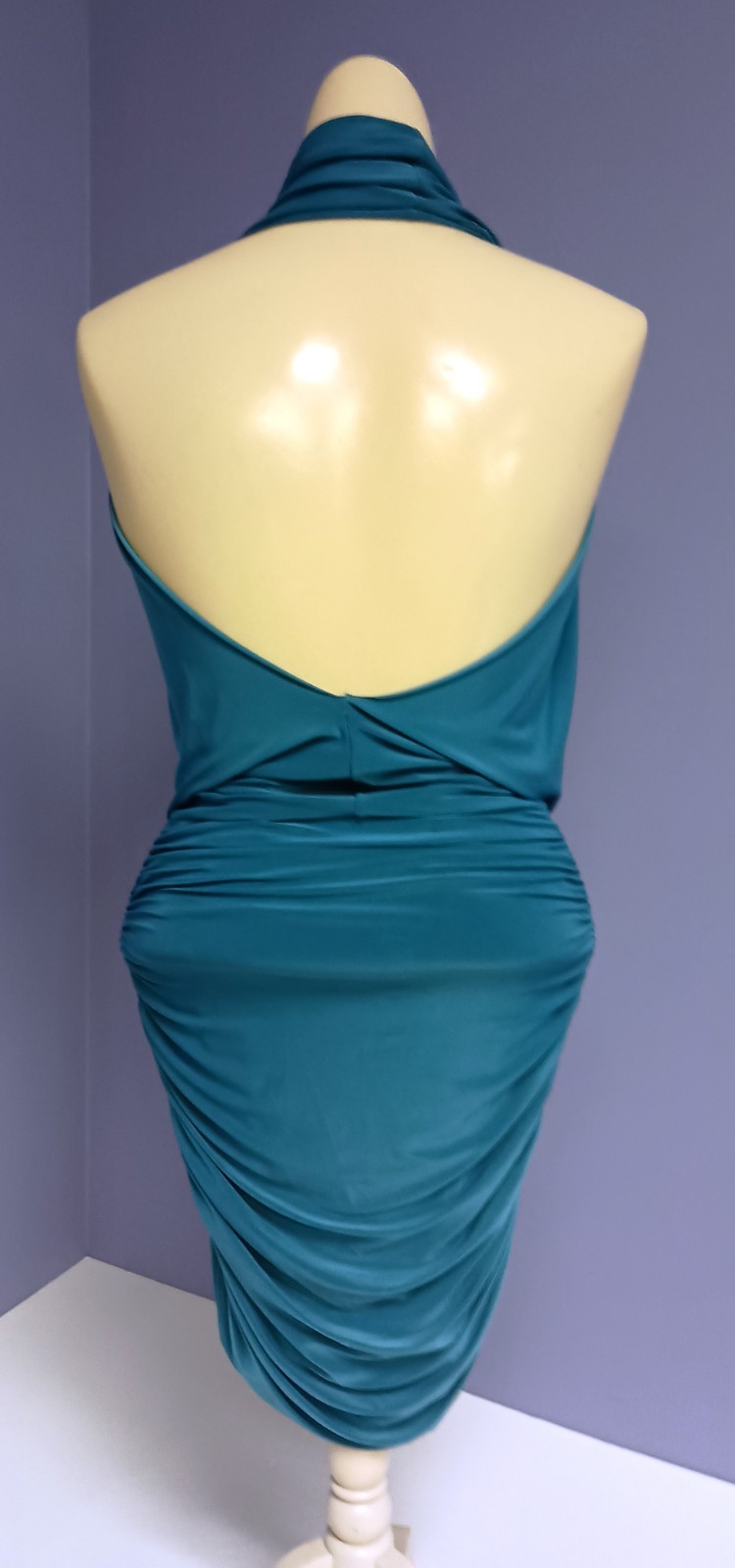 Vintage 90’s XXI Teal Bodycon Backless Ruched Cowl Halter Dress S/P