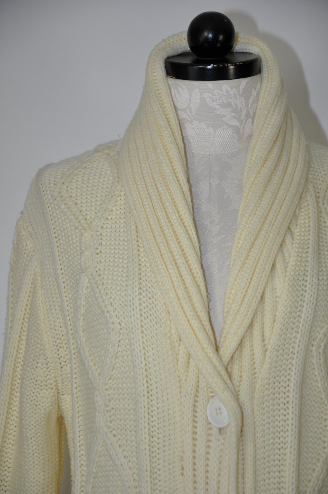 70s Cream Fisherman Cable Knit Shawl Duster Long Cardigan Sweater Coat Women M L