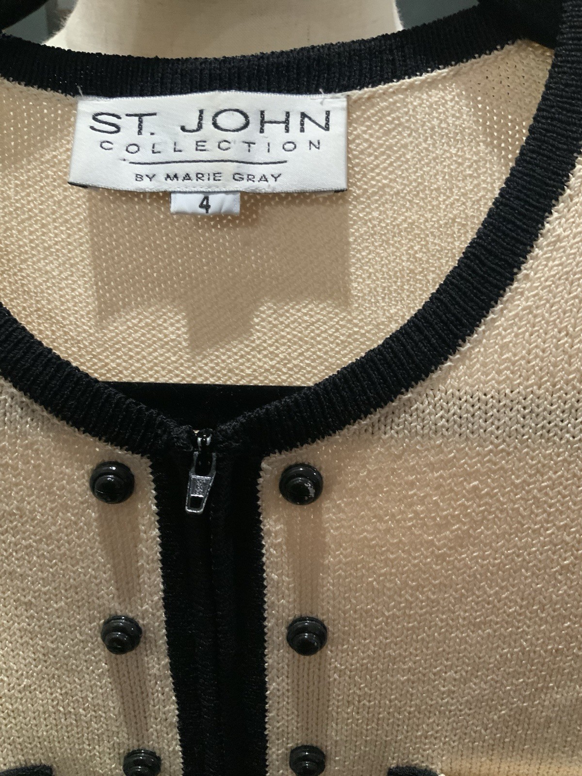 St John Vintage Zip Cardigan Sweater Cream /Black Decorative Buttons Size 4