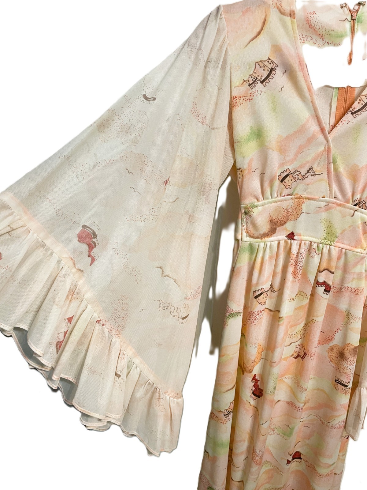 Vtg Sears Fashion 70s Hippie Maxi Dress Flowy Butterfly Wing Sleeve Polyester 12
