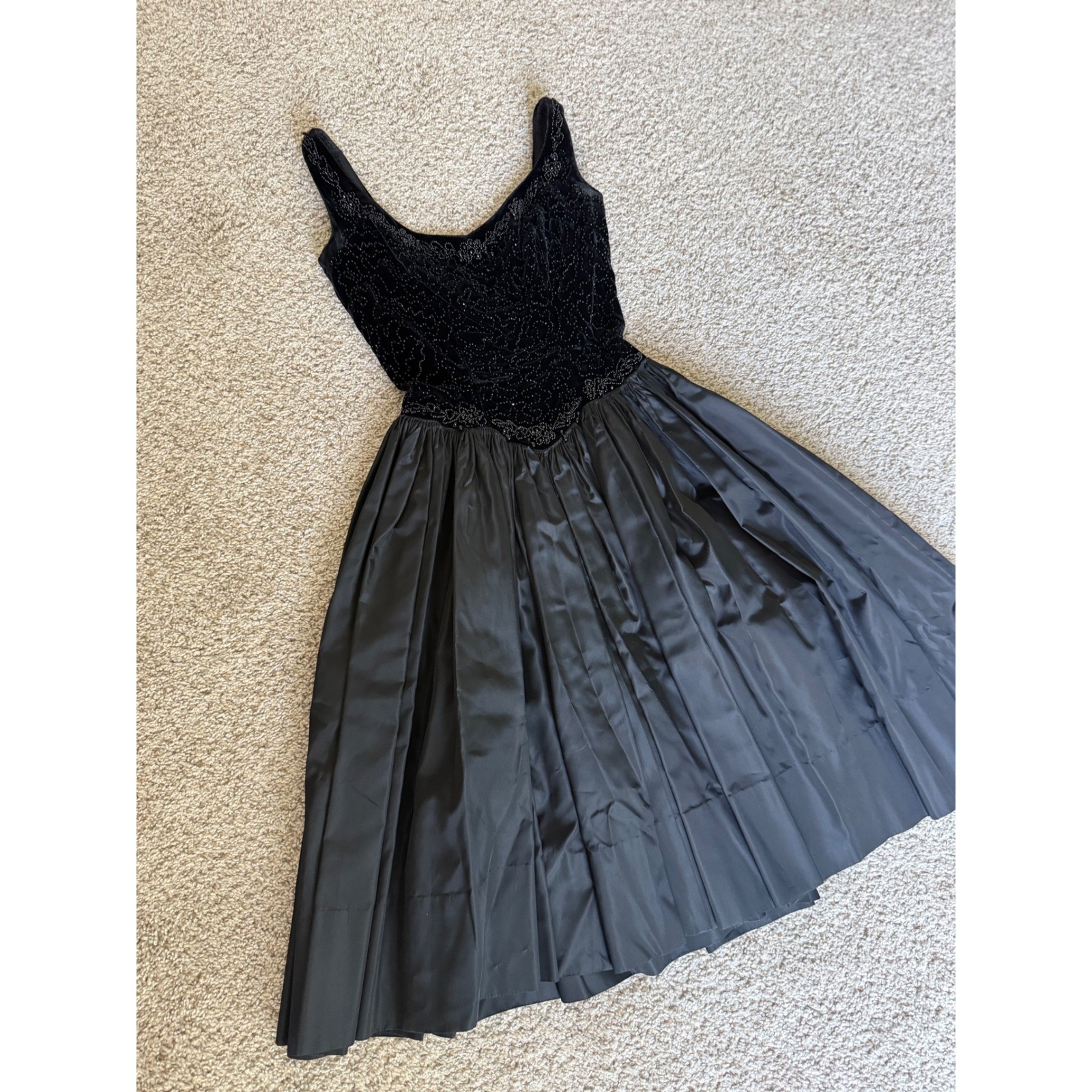 Gothic glam Black Velvet taffeta Midi Dress Whimsigoth Beaded Basque waist XS/S