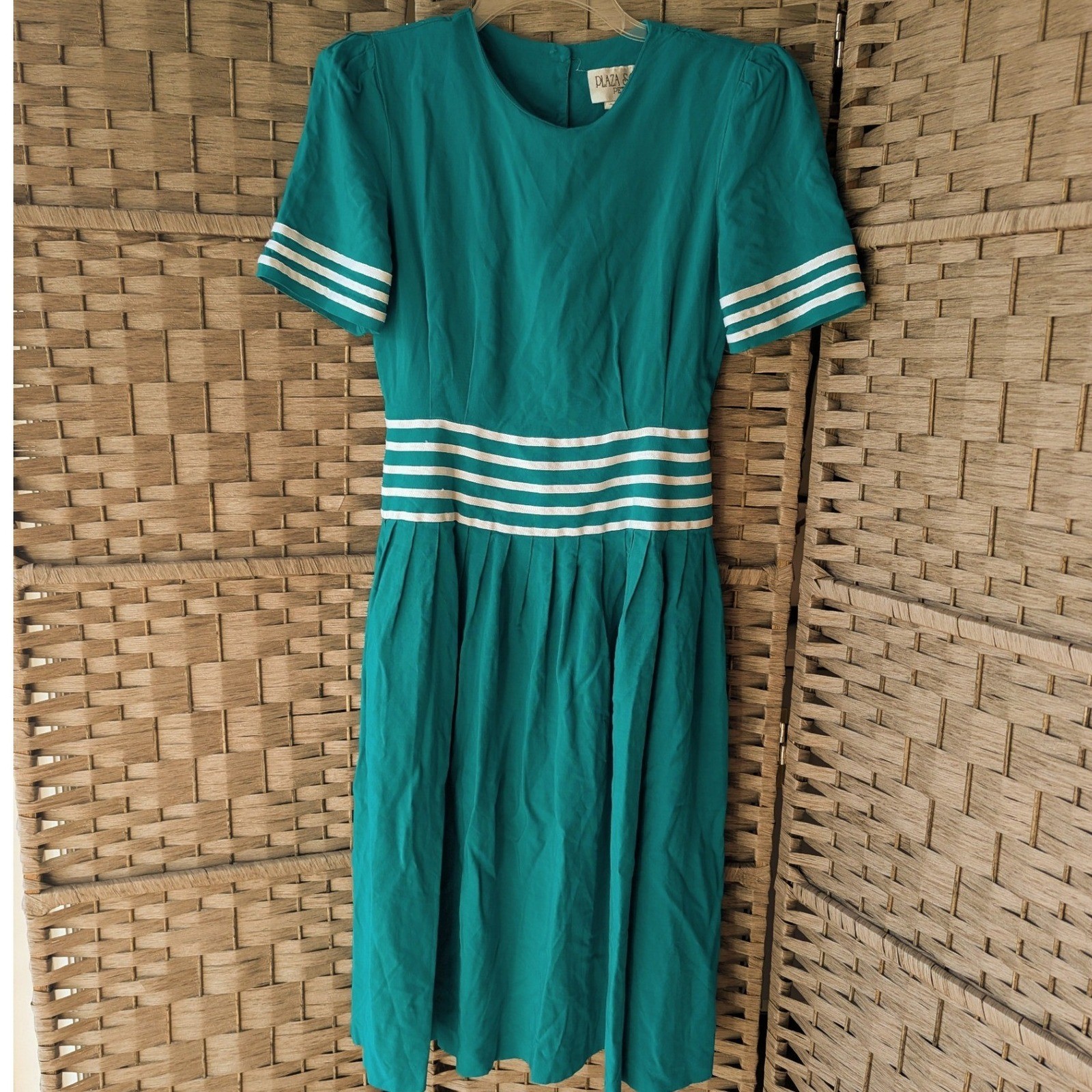 Vtg 80s Teal Striped Nautical Midi Fit & Flare Dress Pleated Short Sleeve Sz 4