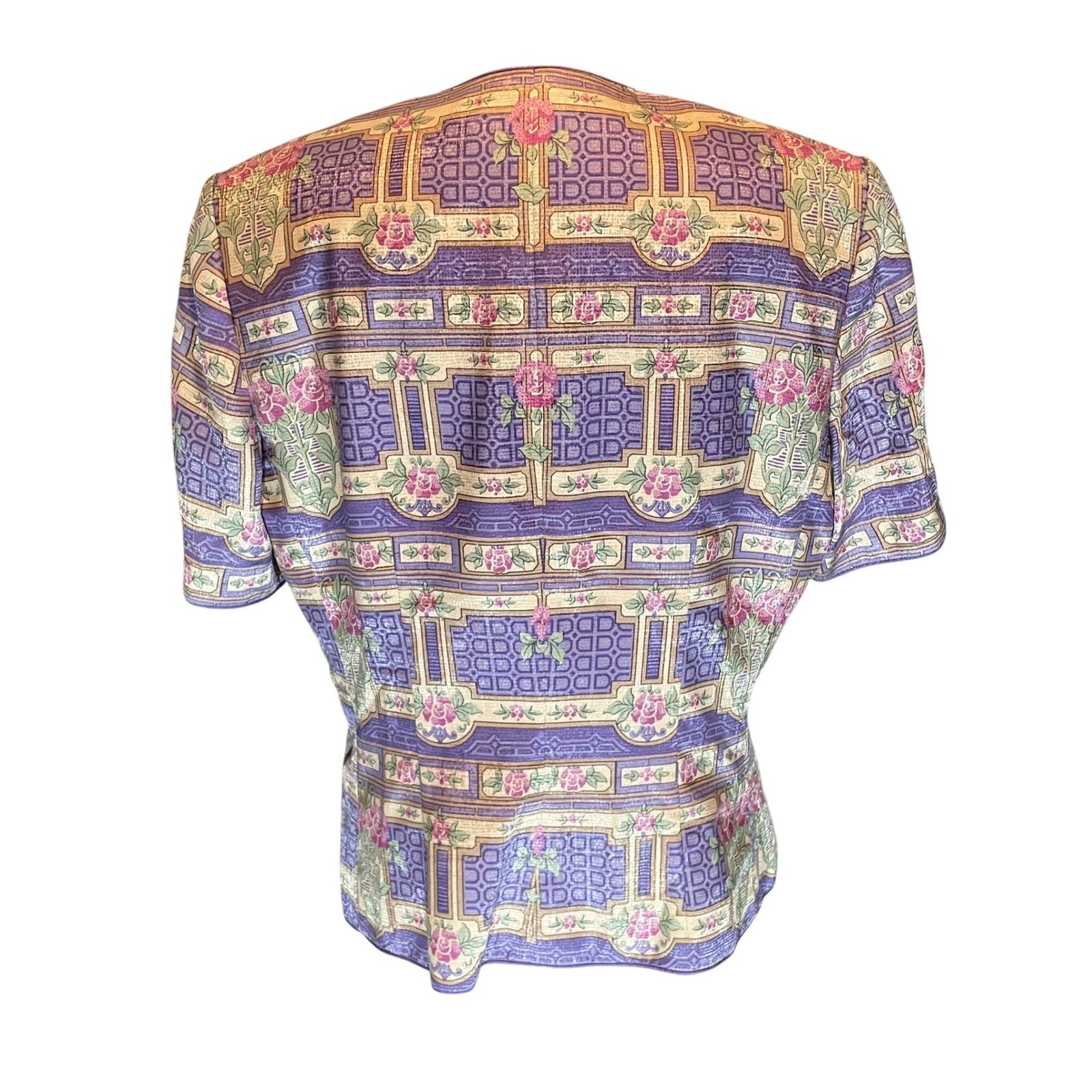 Adrianna Papell Vintage 100% Silk Floral Geometric Frog Button Blouse Purple 12