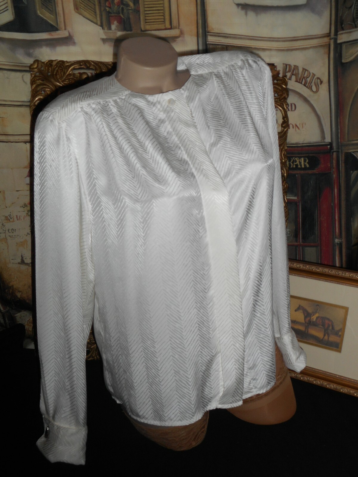 4 VinTage Satin Executive Blouse French Cuff Ivory White & Pearl Clip Earrings