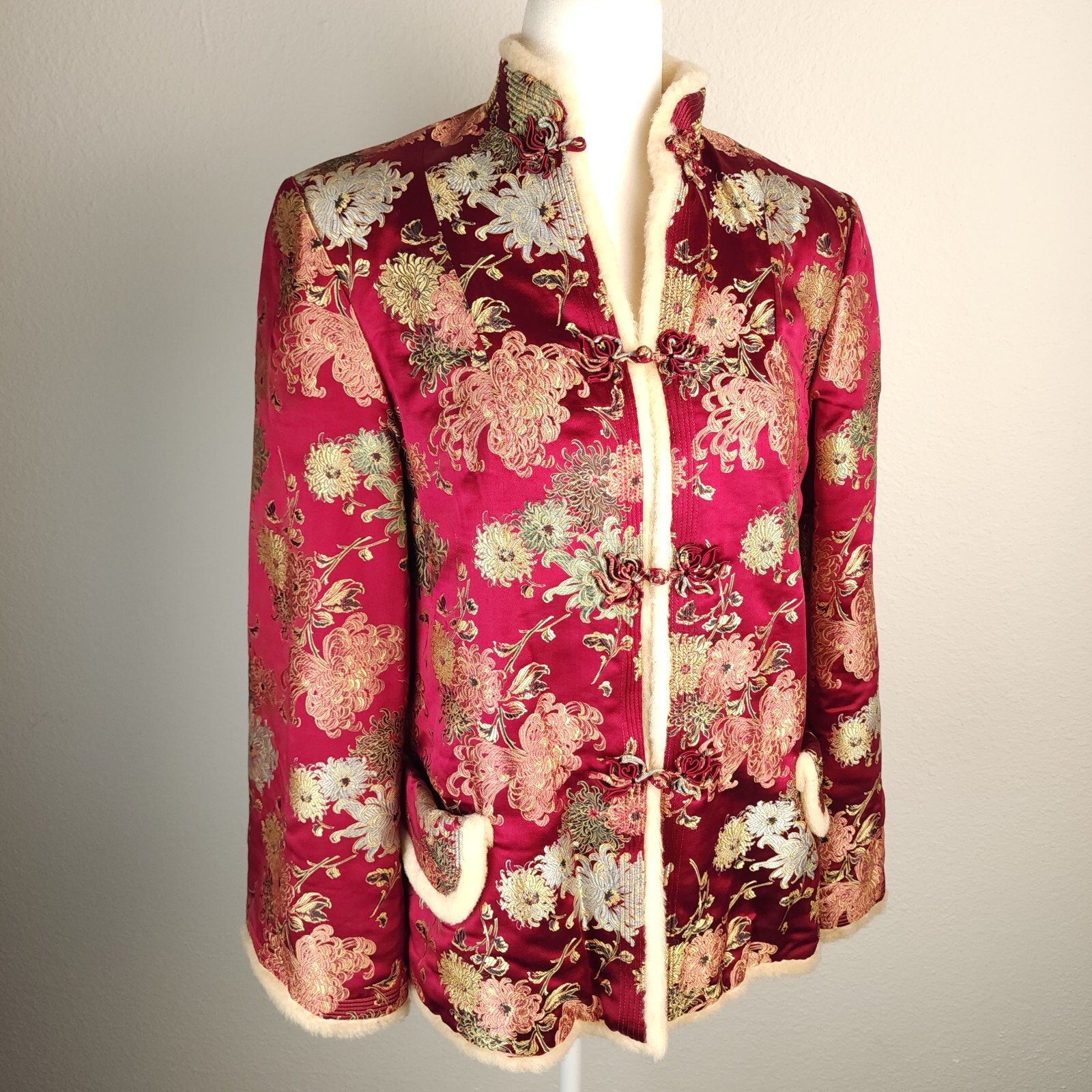 Vintage 70s Asian Mandarin Sherpa Lined Jacket Coat Silk Burgundy Chrysanthemum