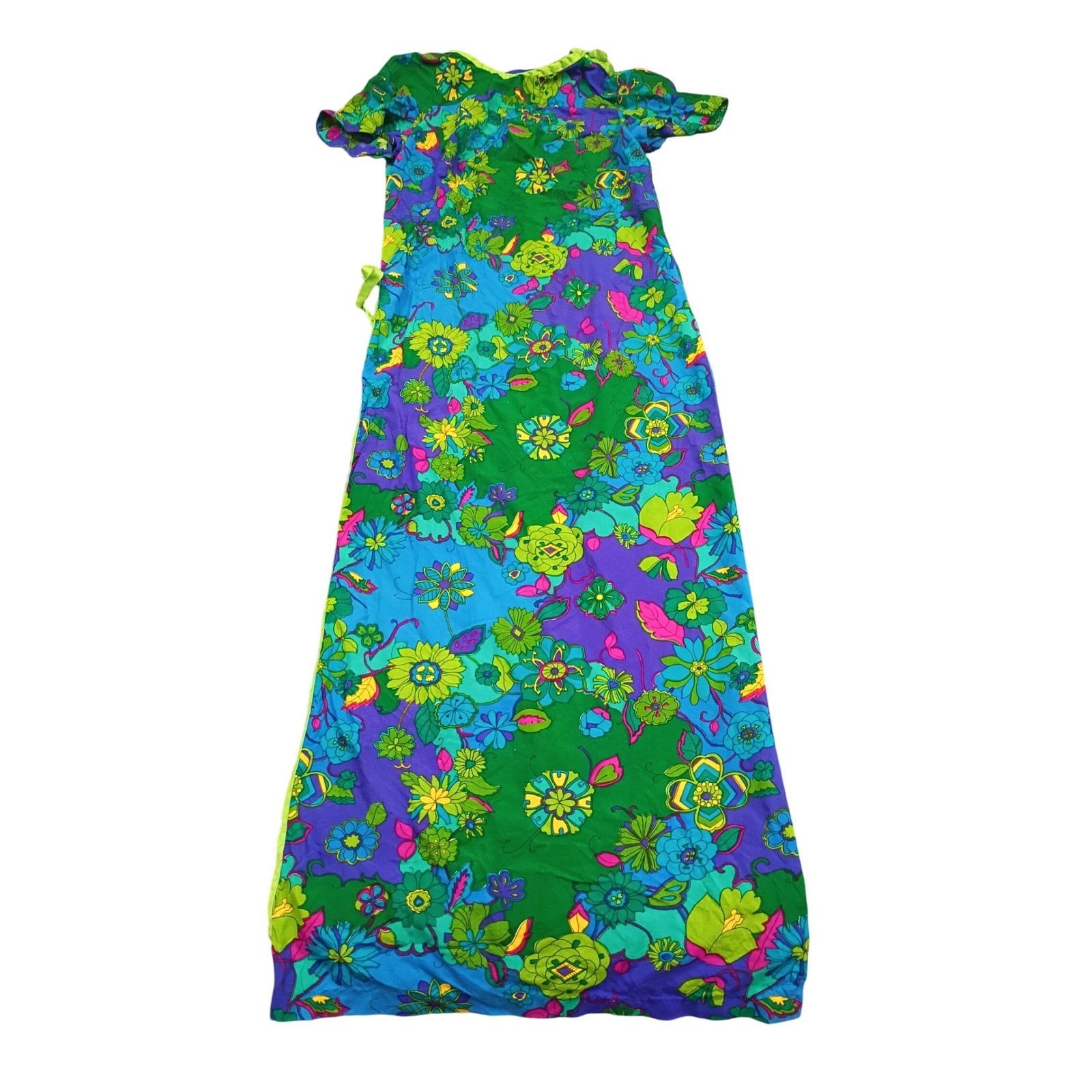 Vintage Made in Hawaii Maxi Dress 10 Green Blue Psychedelic Floral 70s Wrap