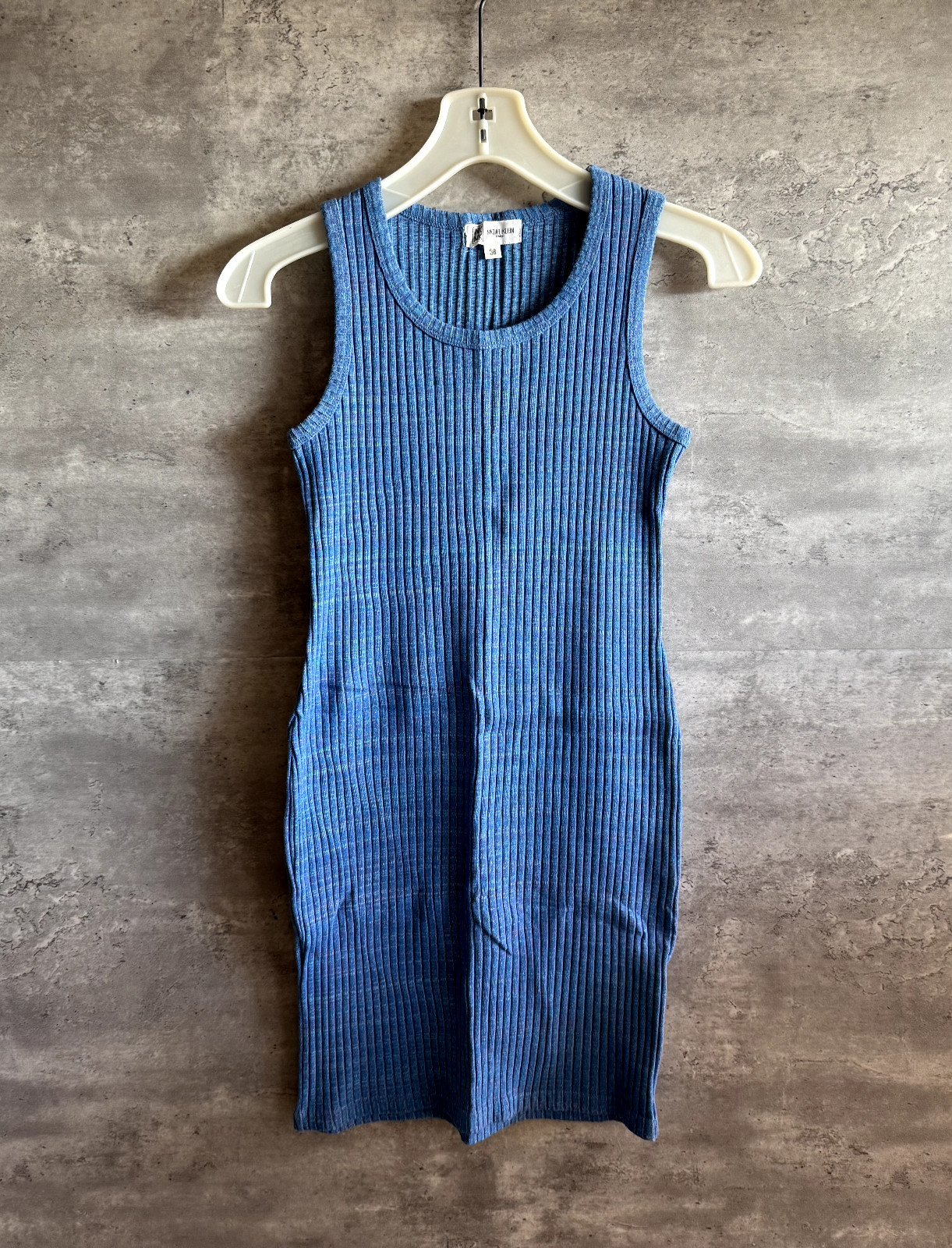 Vintage Michel Klein Itokin Blue Rib Knit Nylon Blend Bodycon Dress Size 38