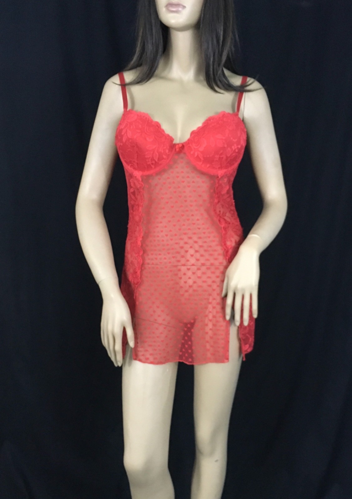 Rampage, Red lacy, sheer, shorty nighty with bra, L, chest, (6893)