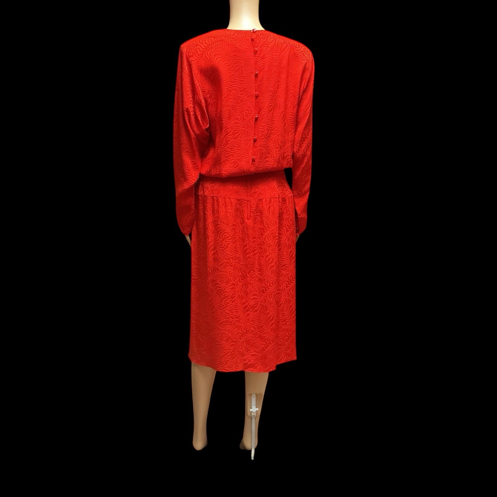 80s Liz Claiborne Red Silk Dress Floral Jacquard Blouson Modesty Career Midi