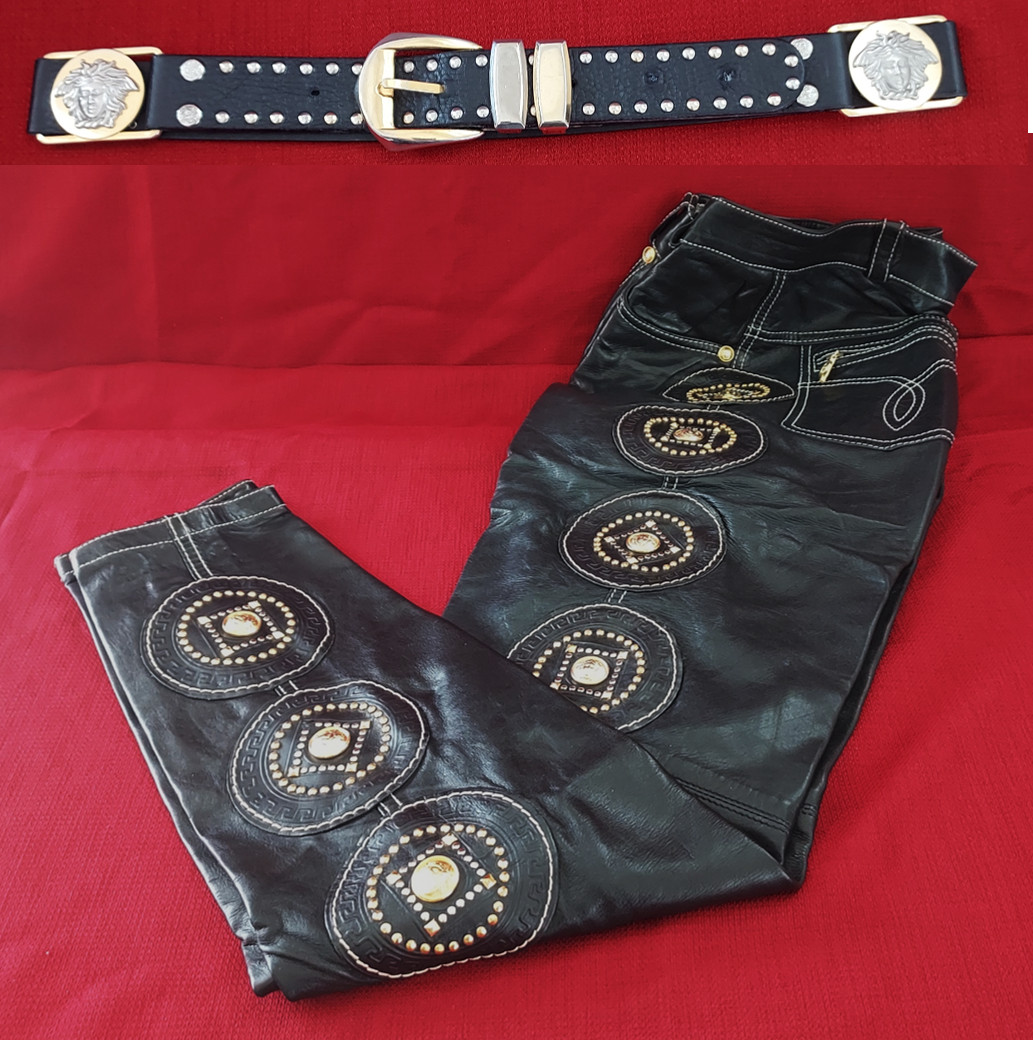 1991/92 GIANNI VERSACE COUTURE Black Leather Embroidered Studded Pants & Belt