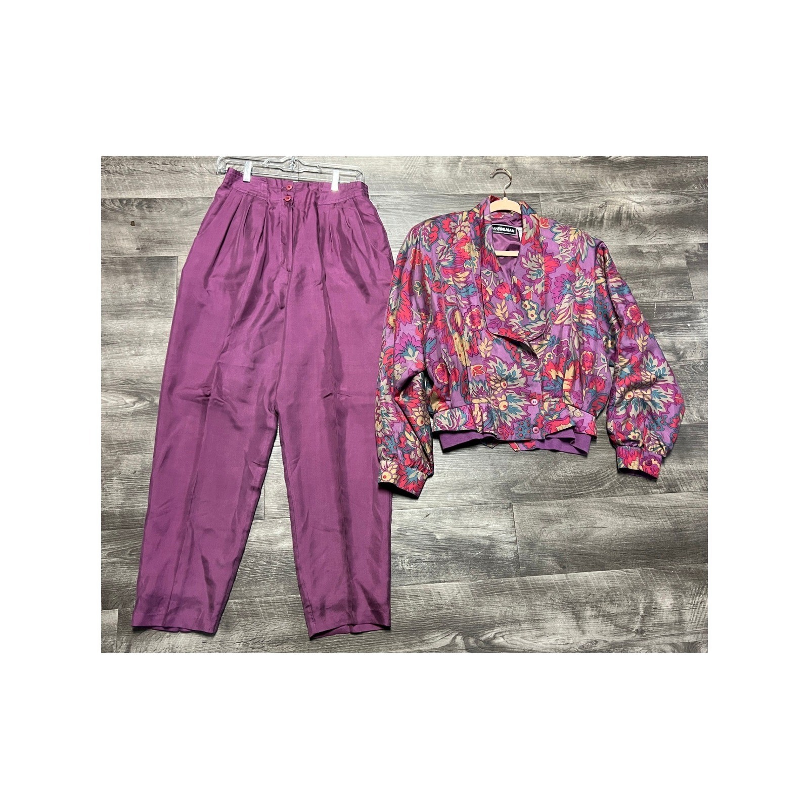 VTG Haband 2 Piece Set Floral Bomber Silk Jacket Pleated Tapered Pants Purple