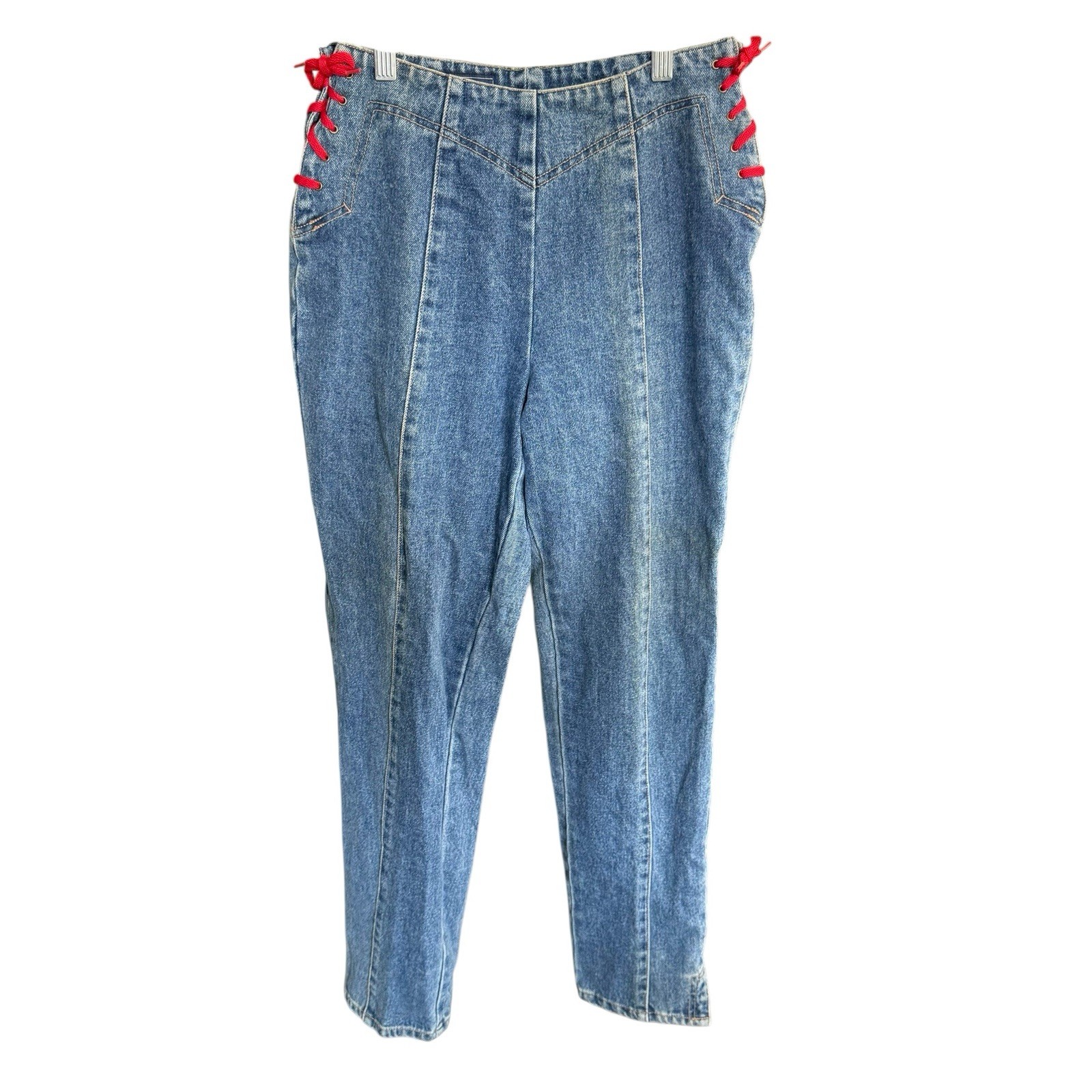 Vtg 80s Seattle Blues Jeans Women’s Lace Up Bareback Front Seam Sz 7 Sexy Retro