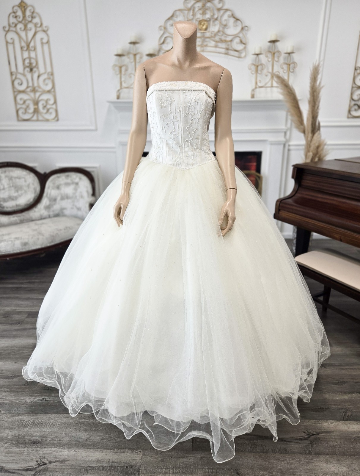 David’s Bridal Vintage 00s Y2K Beaded Ivory Tulle Strapless Wedding Dress sz 14