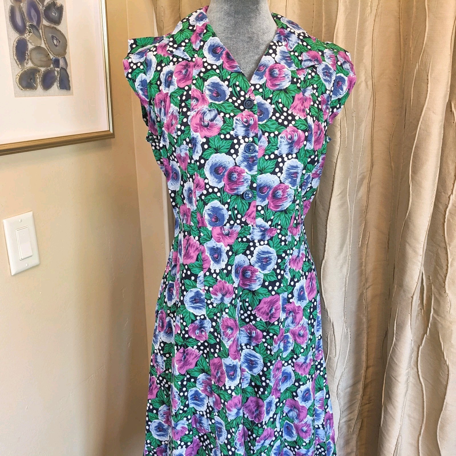 Vintage Handmade Polka Dot Floral Shirt Dress L Button Up Front Cottagecore Midi