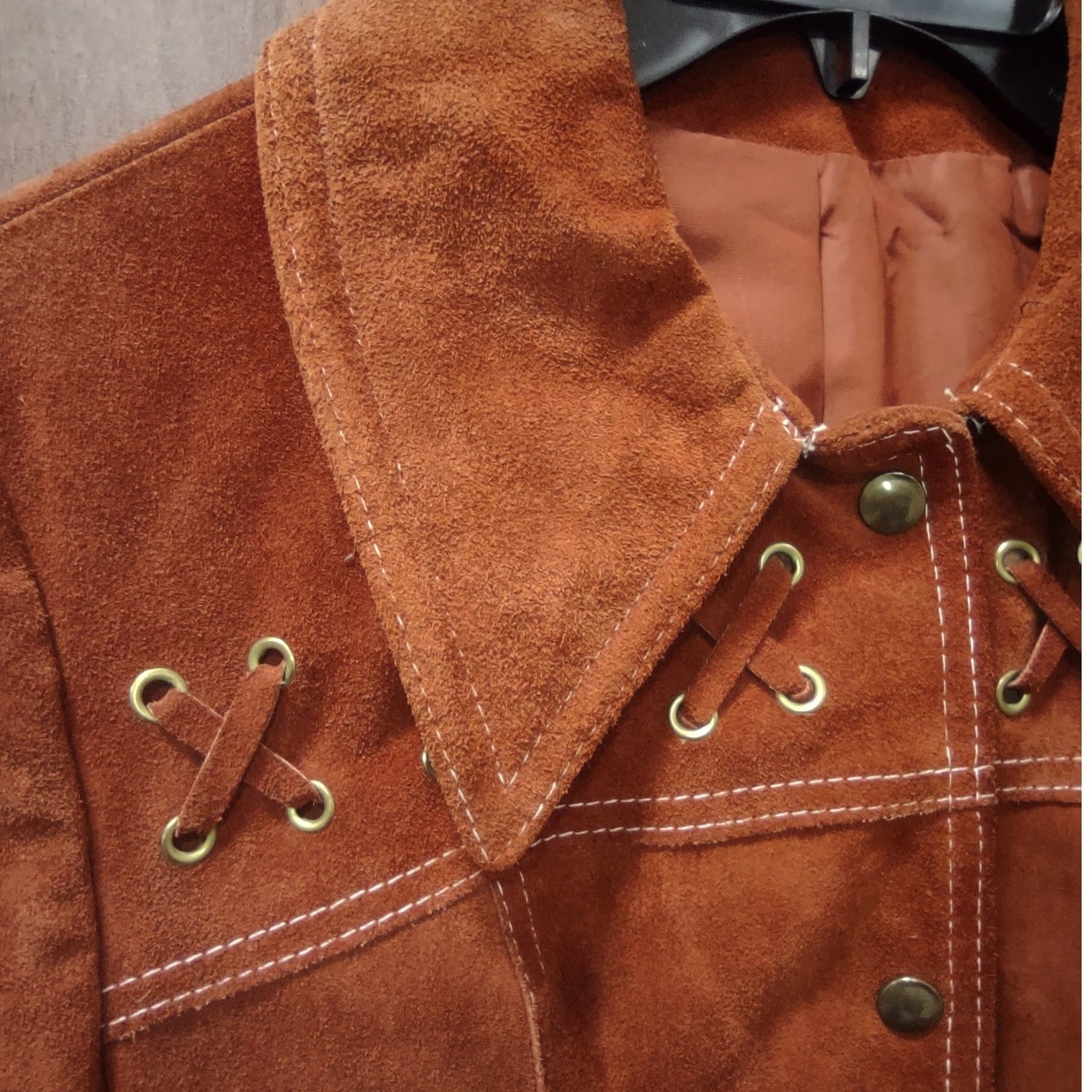 Vintage 70s Burnt Orange Suede Coat Womens Size 13 Snap Closure Lace Up Design
