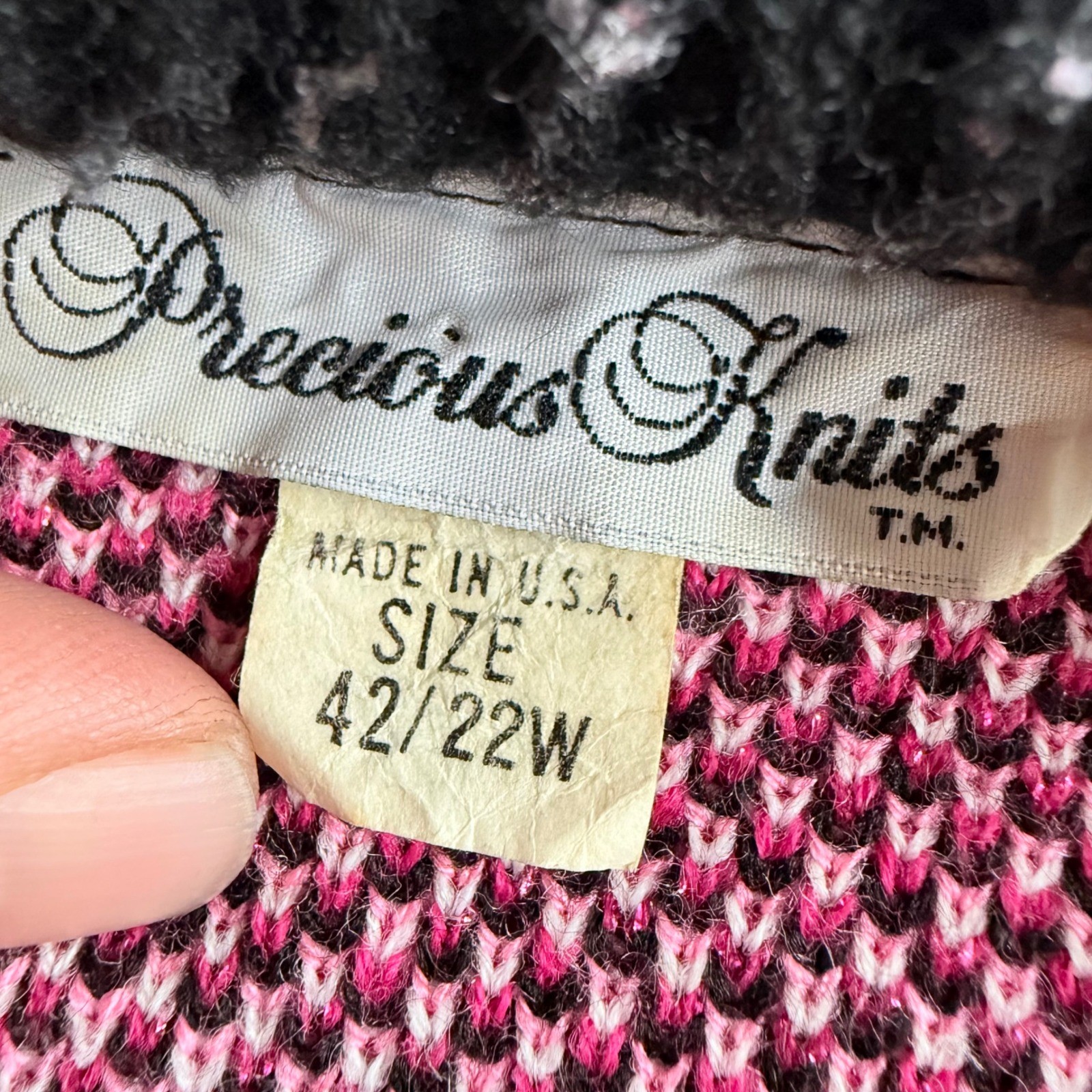 Precious Knits Sweater Vintage Floral Rose Bow Pink Black USA Made 42/22W Womens