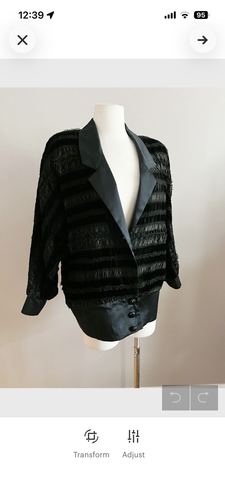 1980s Black Ruffle Satin Velvet Dolman sleeve avant garde jacket