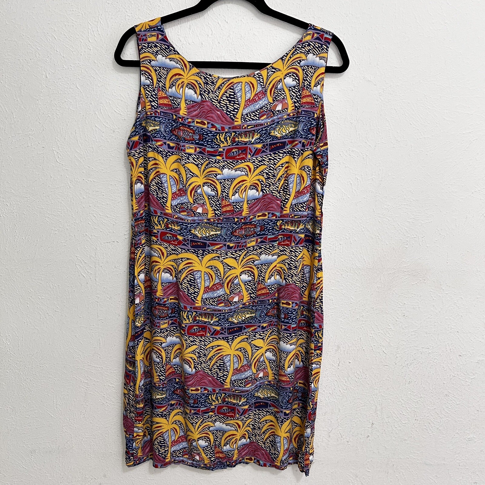 Reyn Spooner Miley Collection VTG Dress Hawaiian Fishes Palm Trees Aloha Size M
