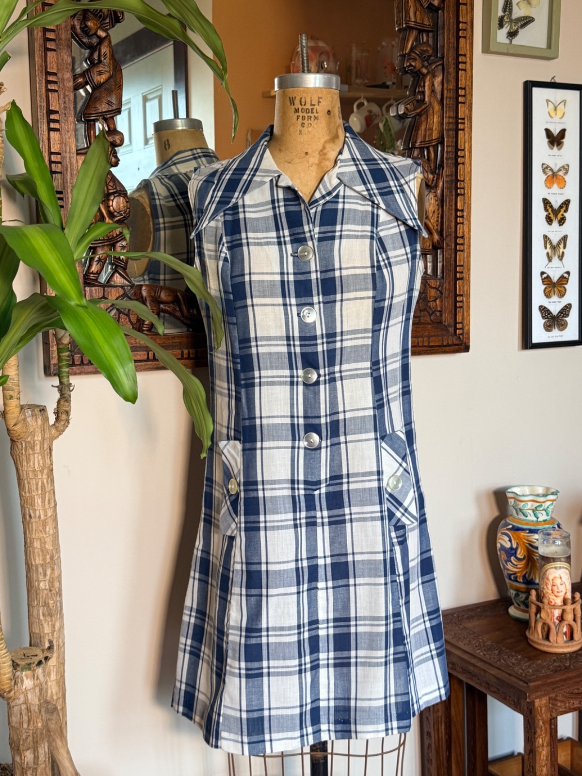 Vintage 60s 70s Sears Button-Up Blue White Plaid Tennis Style Dress M