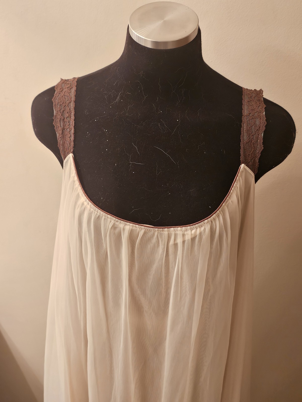 Vintage Jenelle Of California Peignoir Set Sz 4x Chiffon 3 Layer Mocha Lace Soft