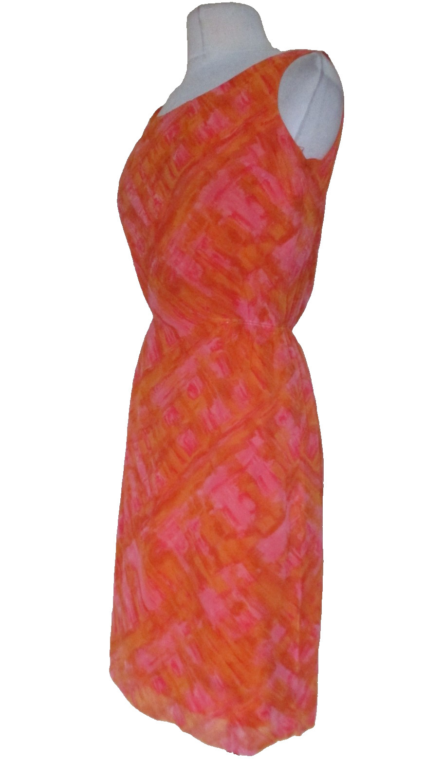 Vintage 1950s/60s Dress Orange Pink Chiffon S Women Sleeveless Handmade
