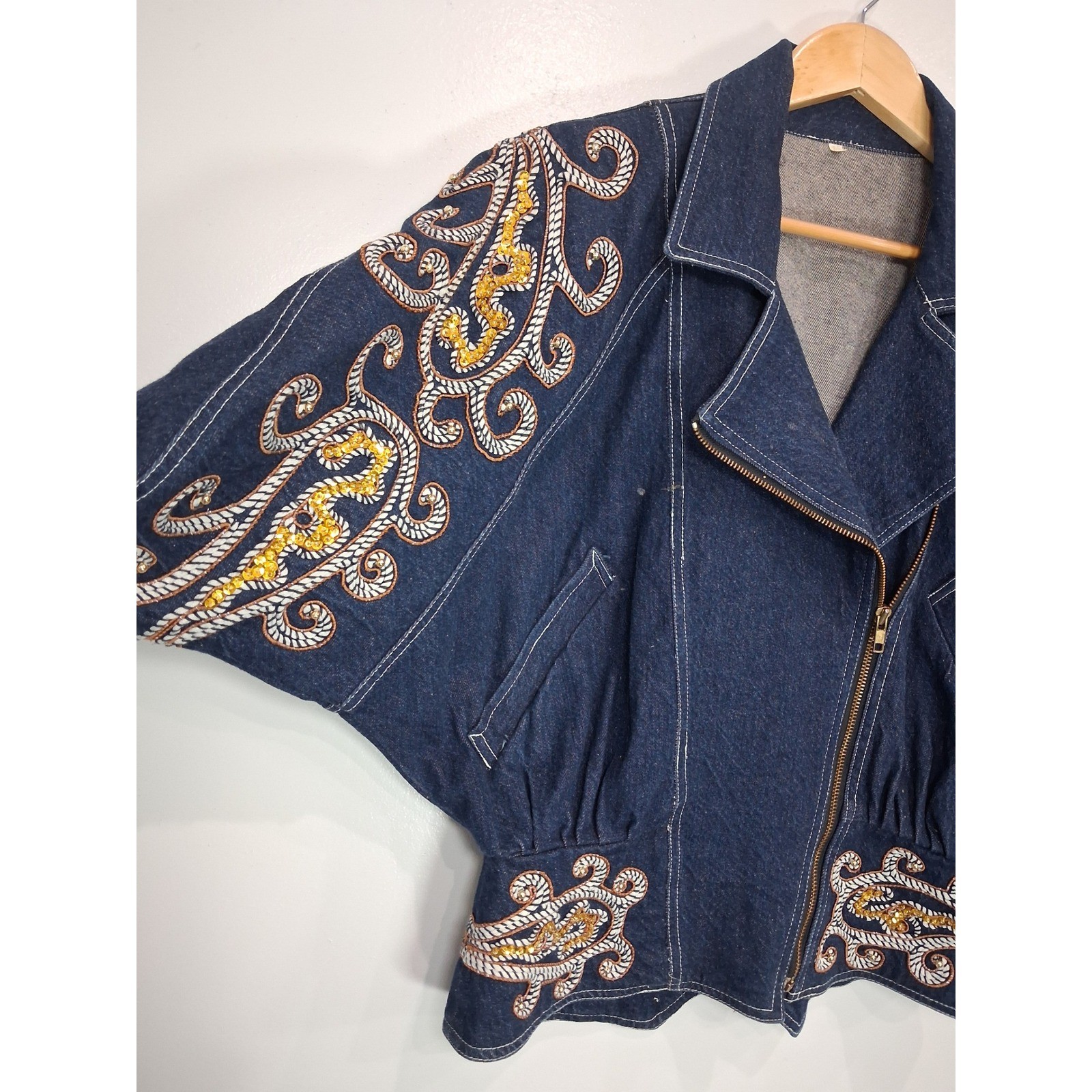 Vintage 80s Denim Moto Jacket Soutache Sequin Paisley Batwing Dark Wash Blue