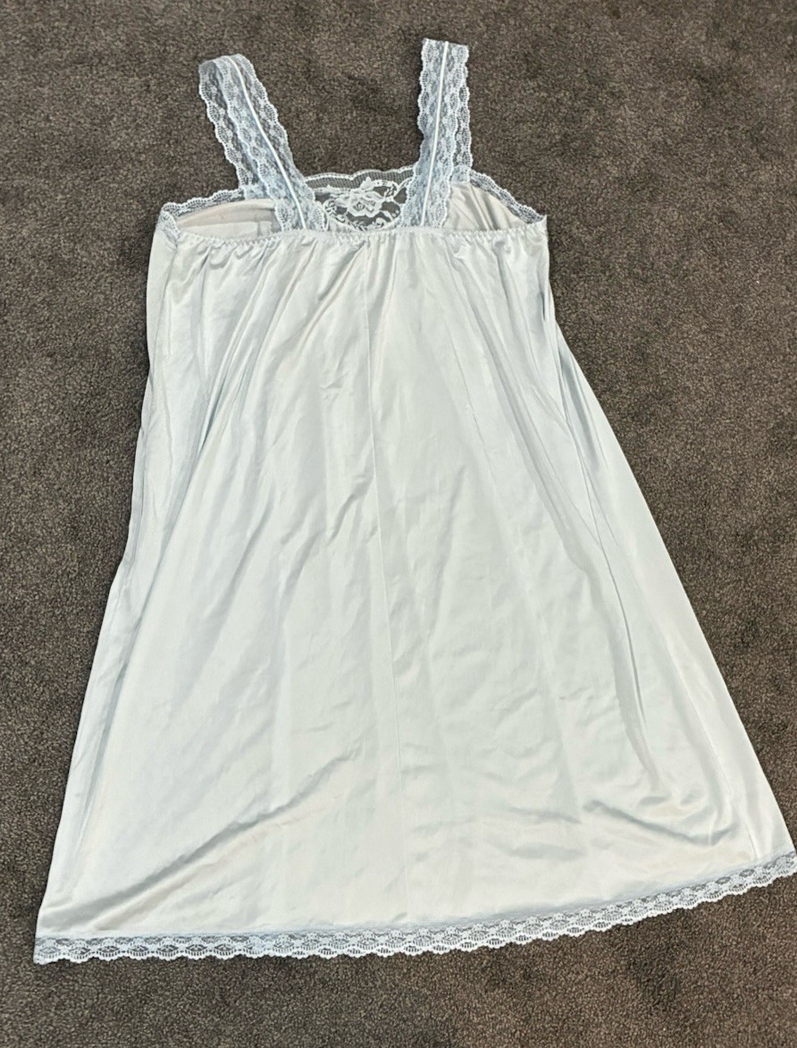 Vintage Long Blue Shadowline Sleeveless Nightgown Lace Neckline MED