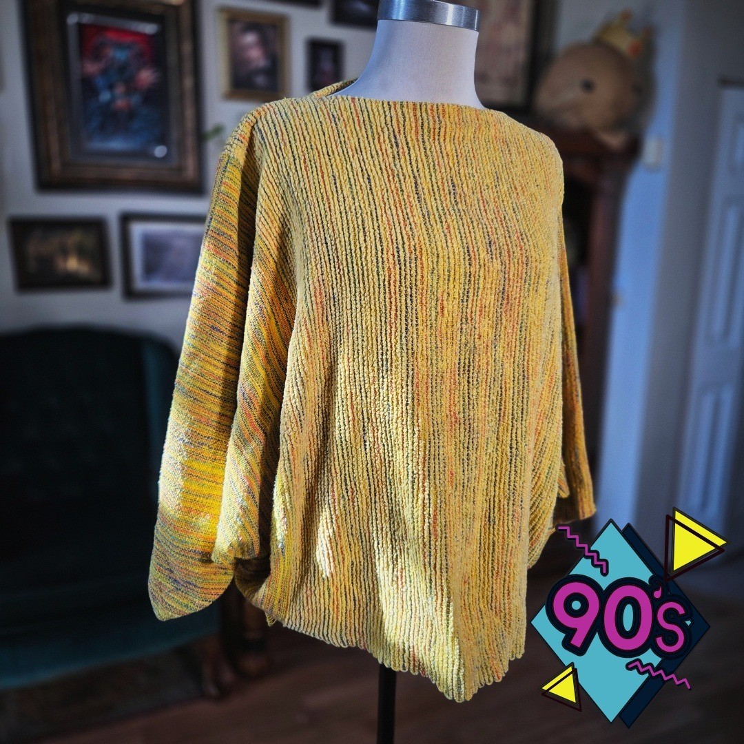 Chenille Yellow Sweater Vintage 90s Speckled Oversized Textured Dolman Sleeves L